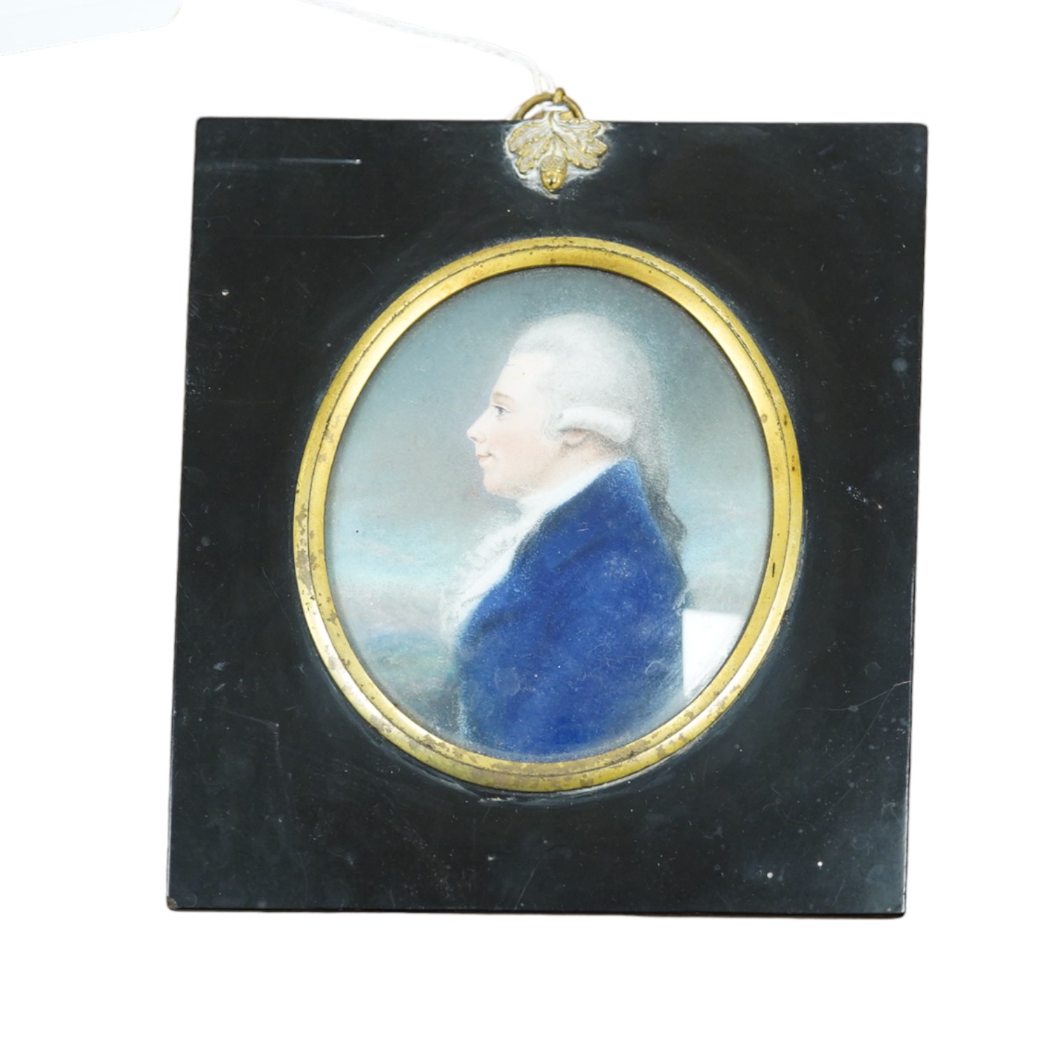 John Russell (1745-1806), pastel on card, Portrait miniature of a gentleman, Ernest Salaman inscribed collection label verso, 10 x 8.5cm, housed in ebonised and gilt frame. Condition - fair to good